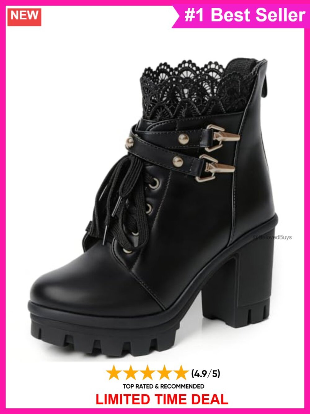 Women's Platform Combat Boots Chunky Block Heel Ankle Booties with Buckle